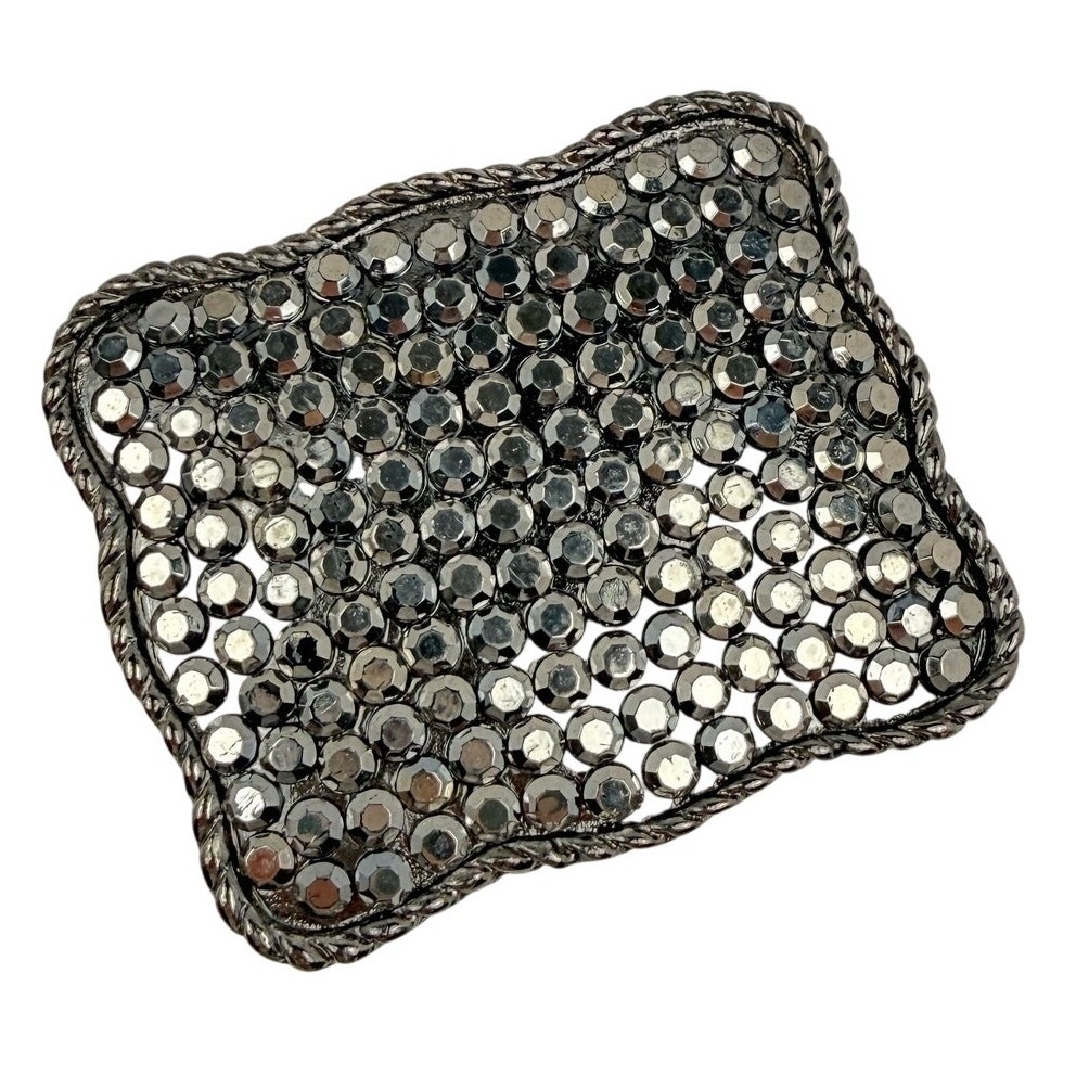 Rhinestone Bling Belt Buckle Rectangle Silver Pewter Tone Western Y2K