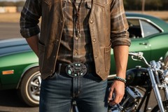 Men Western Buckle Dark Silver Color Metal Revolver Gun Feather Bull Turquoise