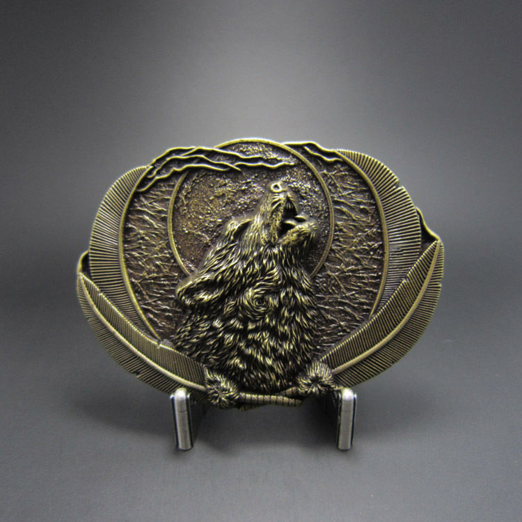 Antique Bronze Plated Western Howling Wolf Moon Metal Belt Buckle