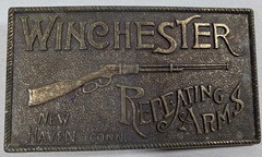 Vtg Brass Belt Buckle Winchester Repeating Arms New Haven Conn. Rifle Guns 4”