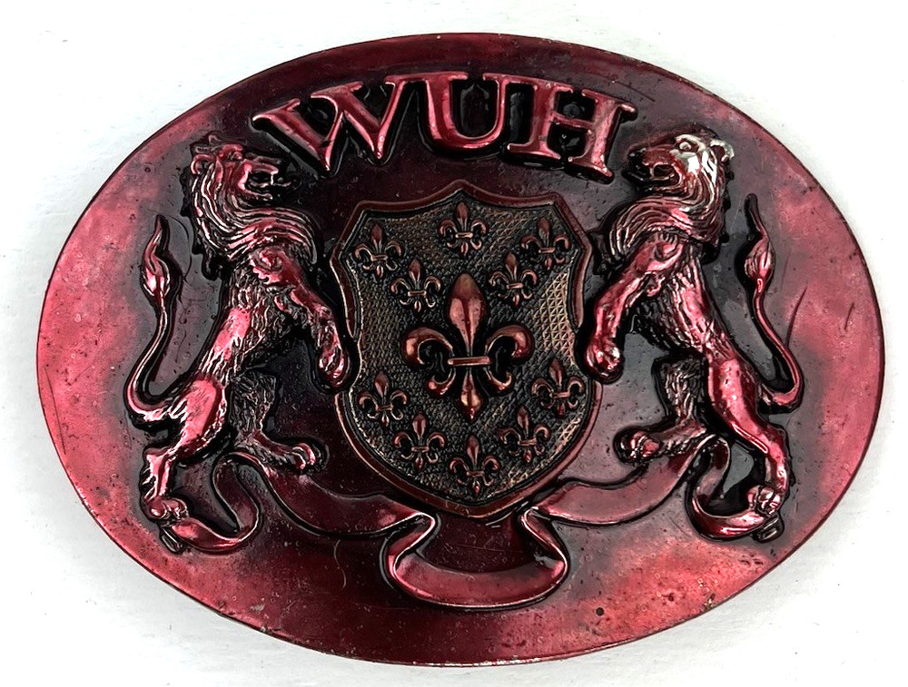Washed Up Hollywood 1.75&Prime; Lion Fleur Heraldic Pewter Brass 065PB Red Belt Buckle