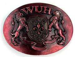 Washed Up Hollywood 1.75&Prime; Lion Fleur Heraldic Pewter Brass 065PB Red Belt Buckle
