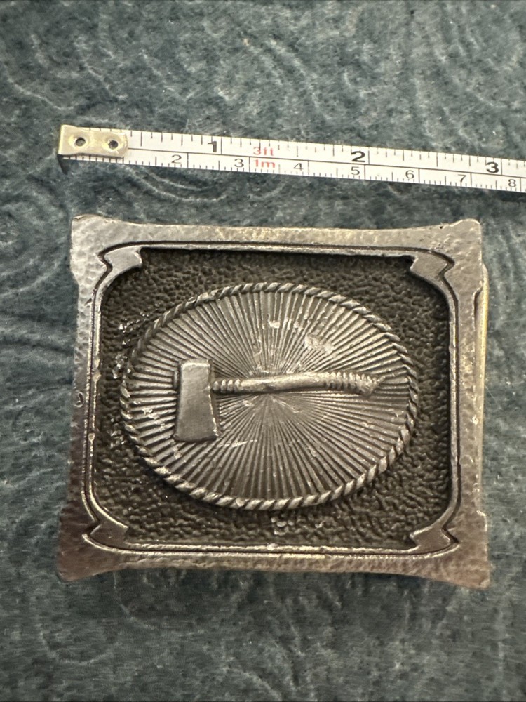 WESTERN belt buckle AXE wood chopping SOLID Pewter boy scouts wilderness FDNY