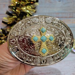 Cross Western belt Buckle Silver Oval Religious Gift Item With Blue Accents