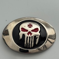Punisher Skull Belt Buckle Metal Red Black Silver Tone Oval