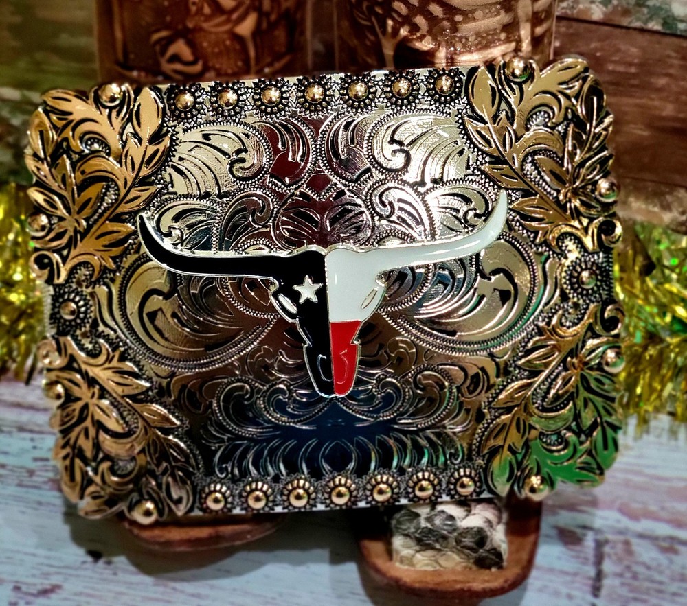 Longhorn belt buckle Western Rodeo Silver & Rose Texas-style