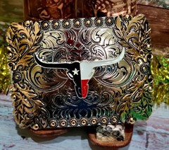 Longhorn belt buckle Western Rodeo Silver & Rose Texas-style