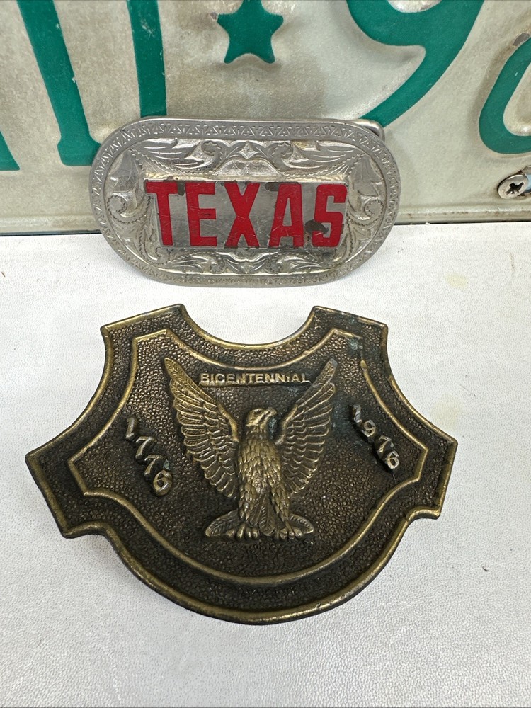 1776 -1976 Bicentennial Eagle Solid Cast Brass Belt Buckle + TEXAS Silver Buckle