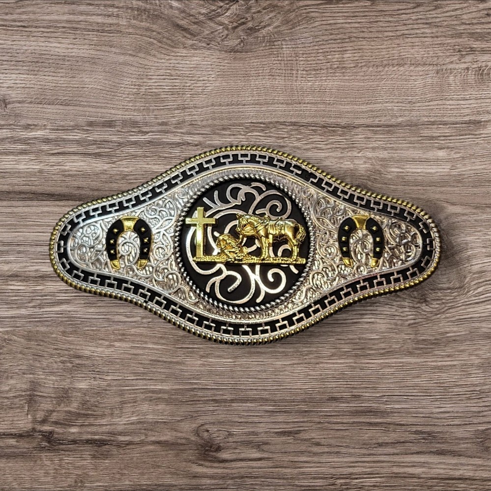 Charro Belt Buckle – Christian Cowboy/Horse Shoe 6.5&Prime;x3.25&Prime; Silver/Black/Gold