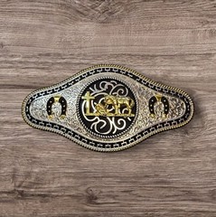 Charro Belt Buckle – Christian Cowboy/Horse Shoe 6.5&Prime;x3.25&Prime; Silver/Black/Gold
