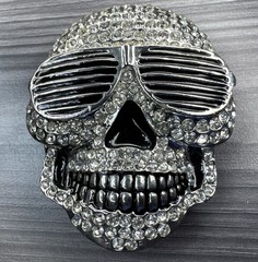 Skull Belt Buckle Wearing Sunglasses Silver Finish Clear Stone