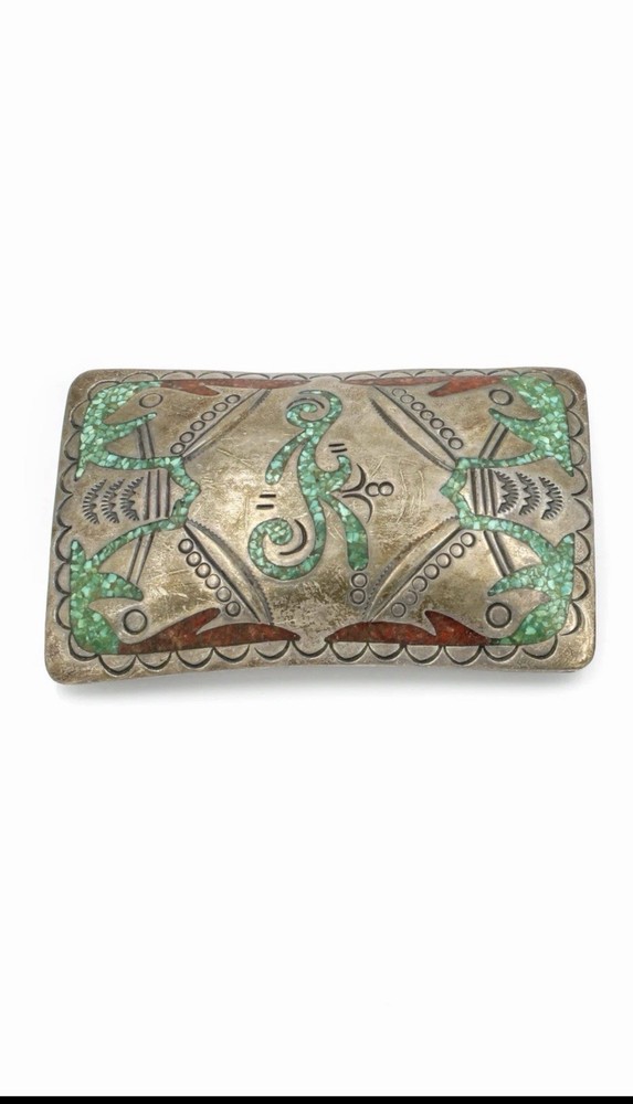 Vintage Signed DJN Delvin Nelson Navajo Turquoise & Coral Inlay Belt Buckle