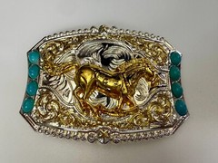 Running Galloping Mustang Stallion Horse W/ Faux Turquoise Stones Belt Buckle