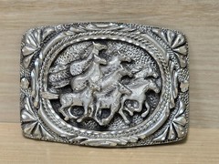 Vintage EAG Silver Tone Belt Buckle Western Horses Equestrian Engraved
