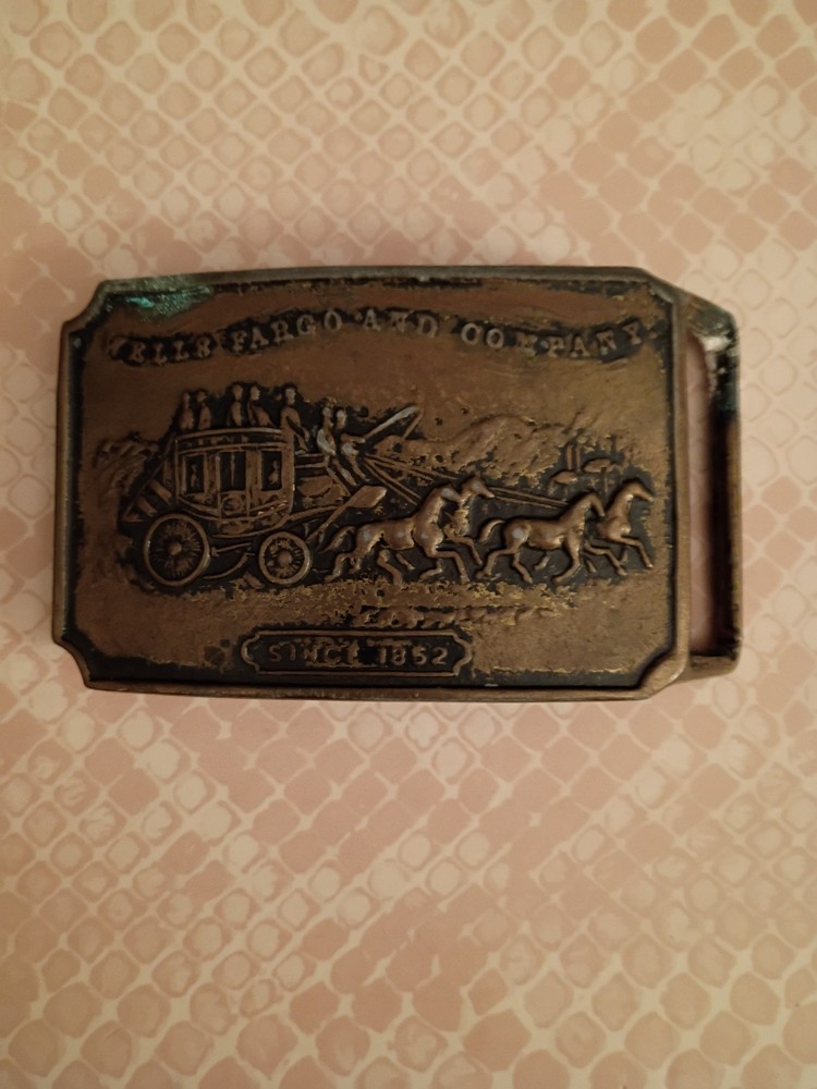Vintage Wells Fargo and Company 1852 Stage Coach Rectangular Brass Belt Buckle