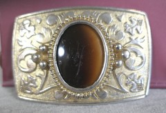 Vintage Gold Metal Western Engraved Plumes & Oak Leaves Agate Cameo Belt Buckle