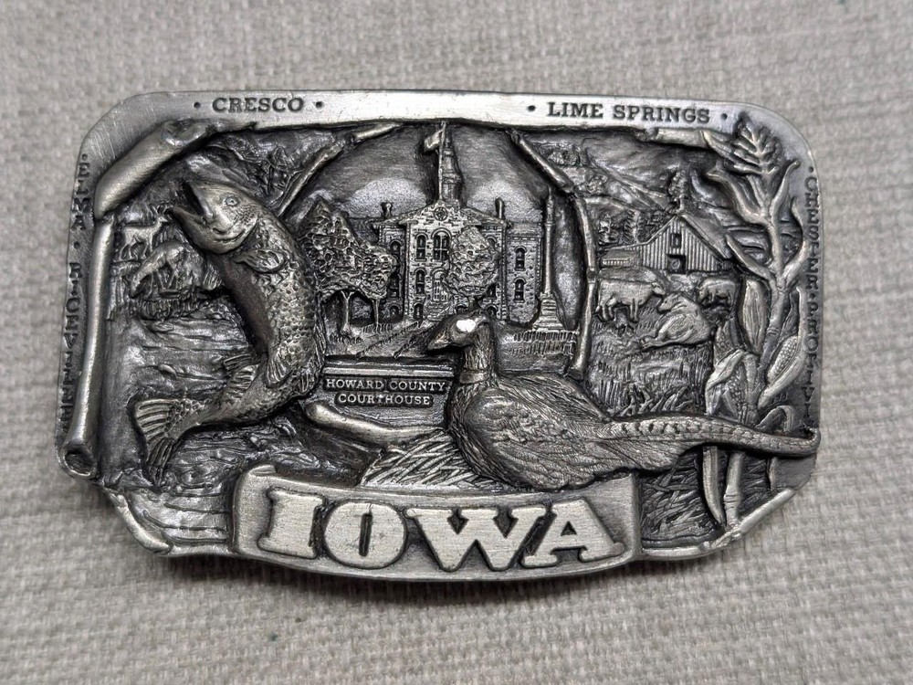 1980s vintage STATE of IOWA belt buckle HEAVY DUTY solid pewter WESTERN cowboy