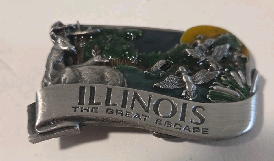Vintage Collectible 1984 ILLINOIS Pewter and Enamel Belt Buckle by Bergamot