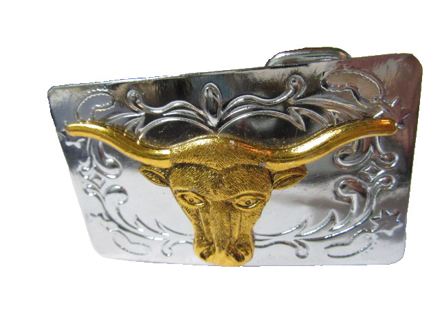 Cow Steer Head Vintage Gold and Silver Tone Etched Brass Belt Buckle Small