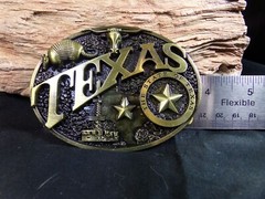 Texas Belt Buckle, has Armadillo, Oil Rig, Longhorn Steer, State of Texas, Star