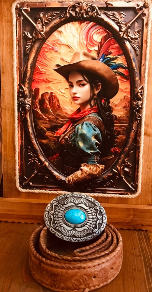 Belt Buckle Large Man Made Turquoise stone on Navajo Antique Silver