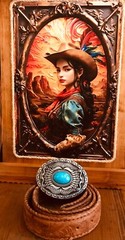 Belt Buckle Large Man Made Turquoise stone on Navajo Antique Silver