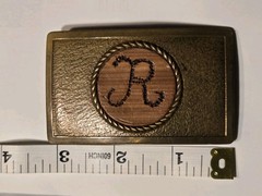 Vintage Brass Belt Buckle “R” Initial In Wood Inlay 3”x 2” One Of A Kind
