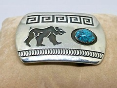 Navajo ~Rosco Scott ~Sterling Silver Overlay Turquoise Bear Belt Buckle – #419