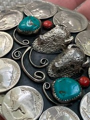 Vintage Belt Buckle, Double Buffalo, 10 Nickel, Turquoise Coral USA Southwestern