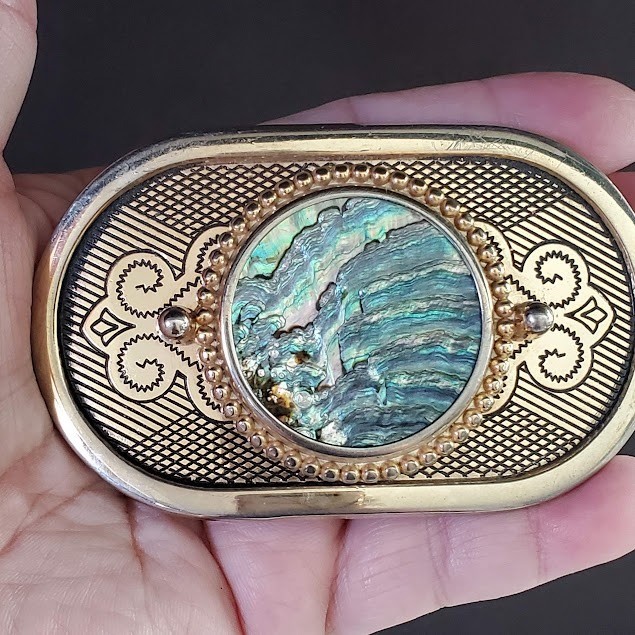 Western Gold Tone Belt Buckle Round Abalone Shell Look Metal Cabochon Insert