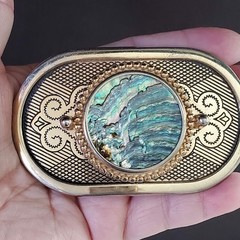Western Gold Tone Belt Buckle Round Abalone Shell Look Metal Cabochon Insert