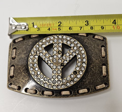 Peace Symbol Sign Rhinestone Bling Hole Border Hippy Silver Tone Belt Buckle