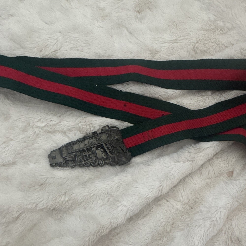 Train Locomotive Metal Belt Buckle Silver Red Green Striped Fits 1.5in