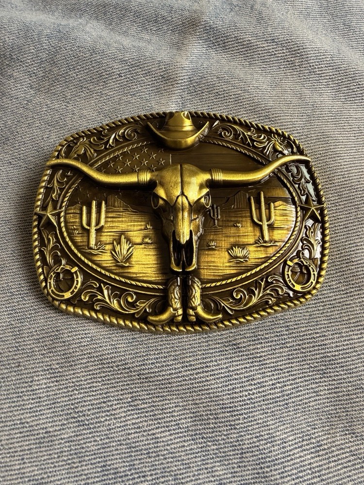 Western Longhorn Bull Skull Belt Buckle – Gold Tone Finish New Big Size Buckle