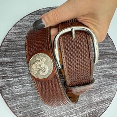 Tony Lama Belt Mens 34 Western Leather Bison Bear Eagle Buckle Brown Silver