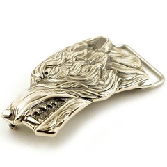 German silver belt buckle Grey Wolf, Handmade wolf head german silver buckle