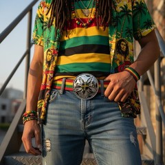 Men Women Silver Metal Fashion Belt Buckle Round Spinning Jamaica Flag Colors