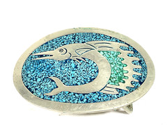Vintage Belt Buckle Featuring A Marlin Design With Turquoise Mosaic Mexico