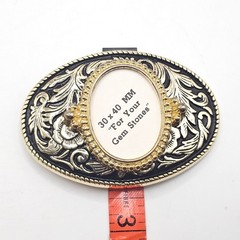 Western Floral Belt Buckle Gold Black Oval 30x40mm Gemstone Setting Made in USA