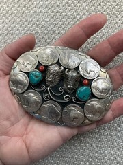Vintage Belt Buckle, Double Buffalo, 10 Nickel, Turquoise Coral USA Southwestern