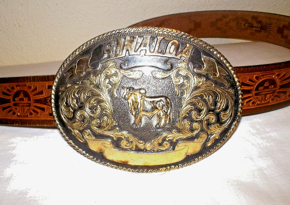 Vtg SINALOA 6&Prime; Silver Brass BULL RIDER Rodeo WESTERN Mexican CARTEL Belt BUCKLE