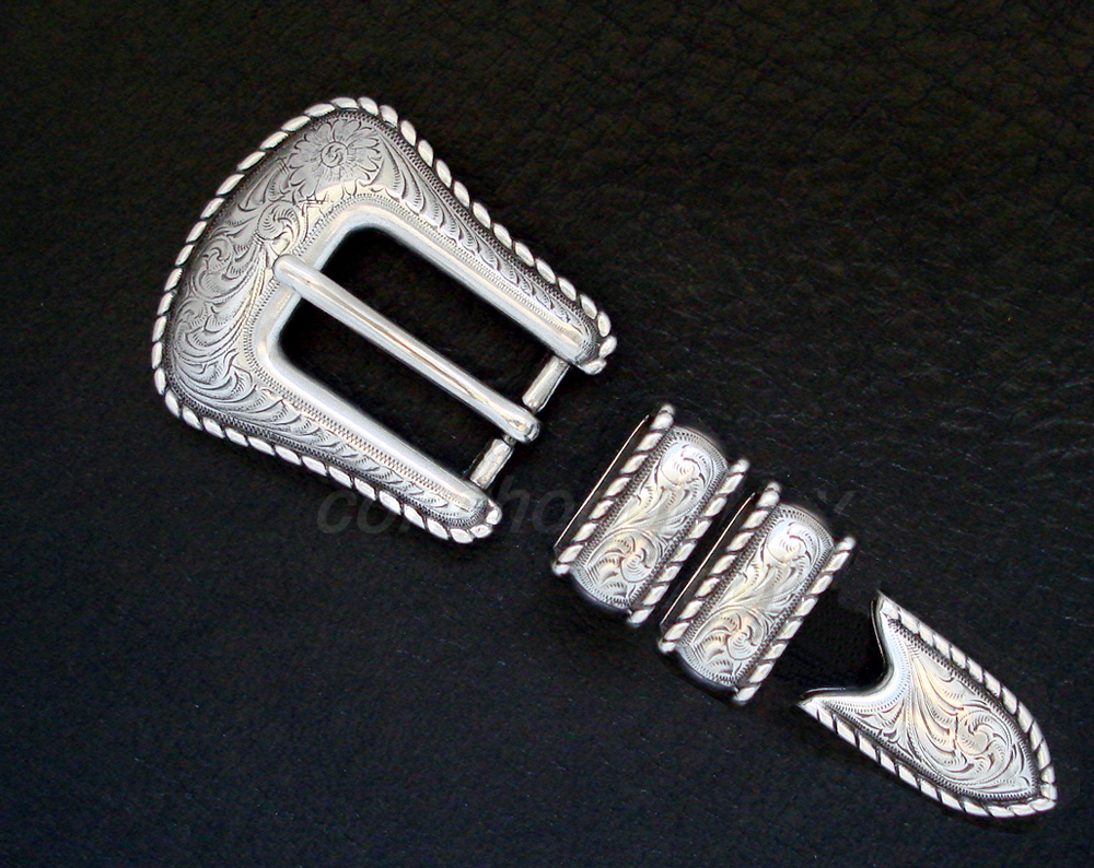 WESTERN COWBOY ANTIQUE SILVER ROPE EDGE 4 PIECE BELT BUCKLE SET FITS 3/4&Prime; BELT