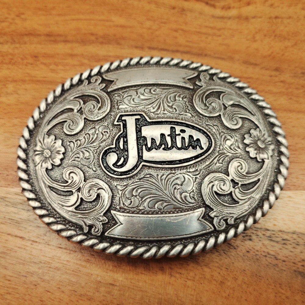 Large Oval Western Justin Engraved Floral Scroll Cowboy Belt Buckle