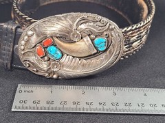 Braided Nylon And Leather Belt With Silver Turquoise Coral Belt Buckle 35097-11