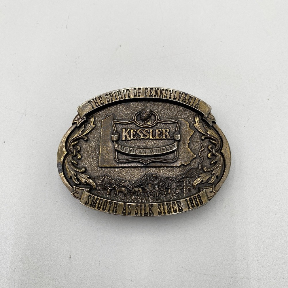 Vintage Belt Buckle Kessler American Whiskey Smooth As Silk 1993 Brass Tone USA