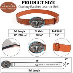 VASTRISE 2Pcs Western Cowboy Belts for Men 120cm, Gold+turquoise
