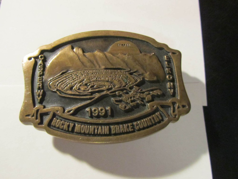 Vintage 1991 ROCKY MOUNTAIN BRAKE BELT BUCKLE Solid Brass Casper Wy/Elko NV