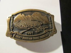 Vintage 1991 ROCKY MOUNTAIN BRAKE BELT BUCKLE Solid Brass Casper Wy/Elko NV