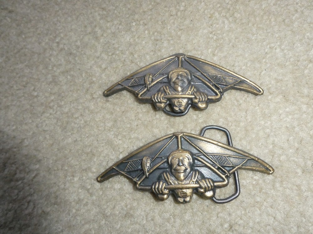Lot of 2 Vintage Brass Parasail Man Belt Buckles 4 1/2&Prime; Wide