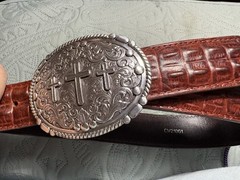 Nocona Men&rsquo;s Western Oval Rope Edge 3 Cross Belt Buckle On Leather Belt